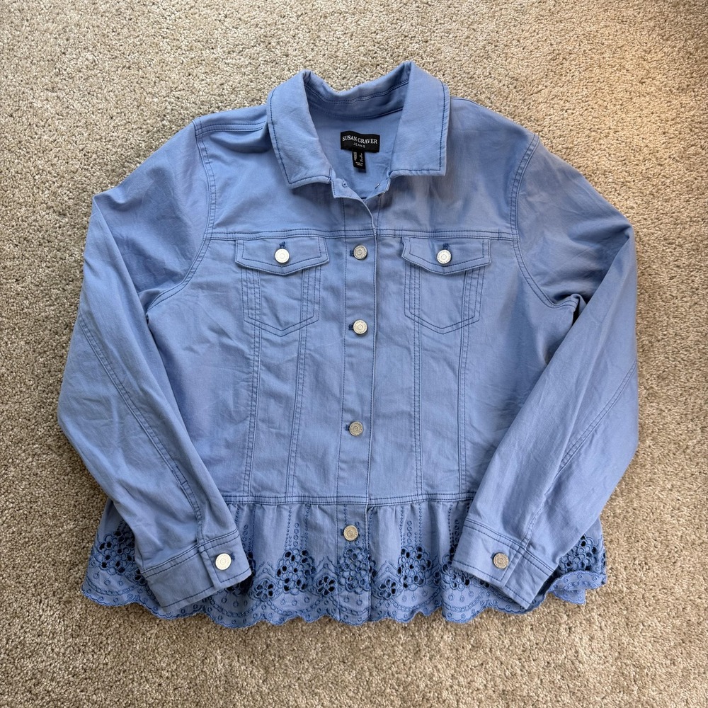 Susan Graver Jacket Womens Large Blue Denim Lace Hem Button Front Eyelet Peplum